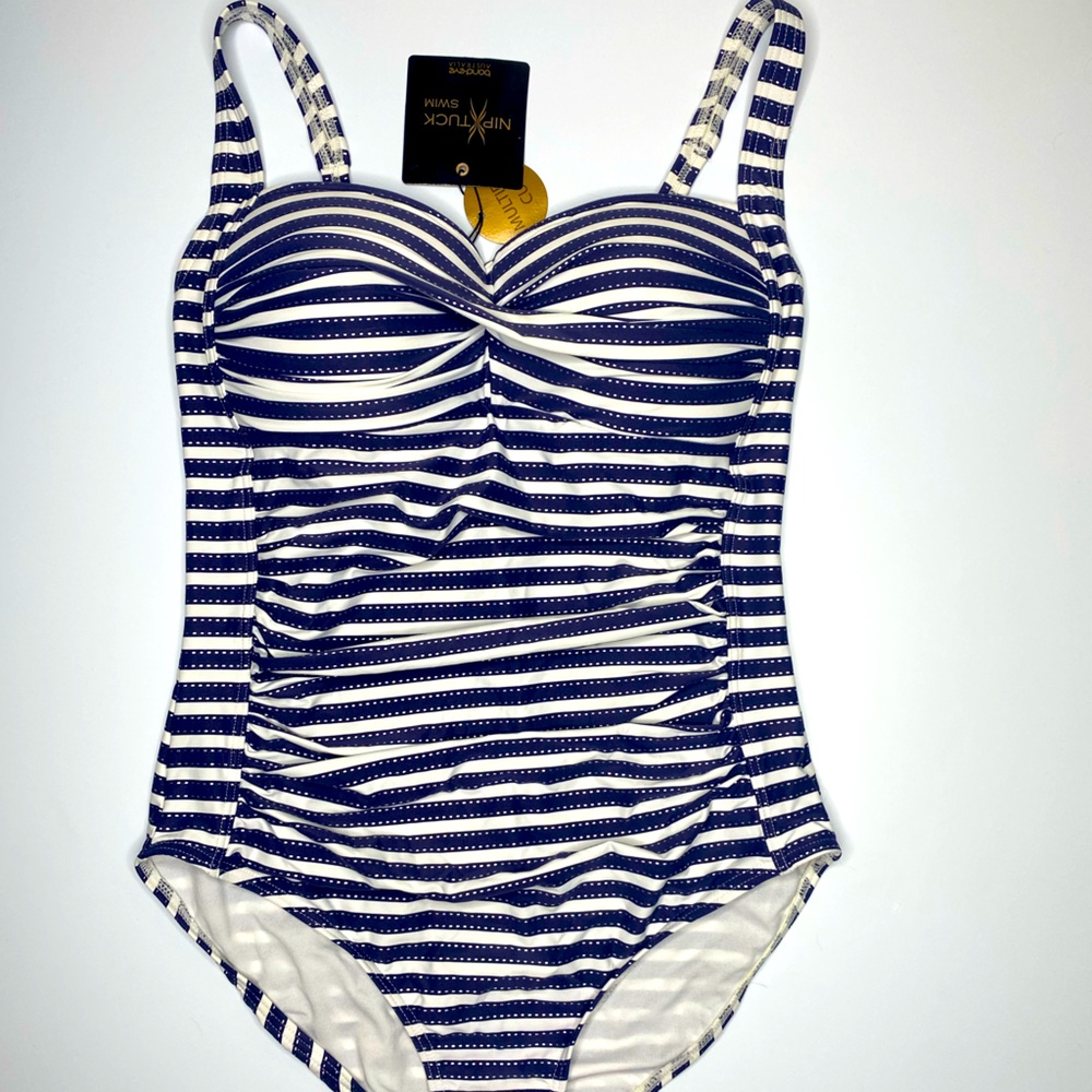 NipTuck Swimsuit One Piece Navy Blue White Stripes Multi Fit Cup 8